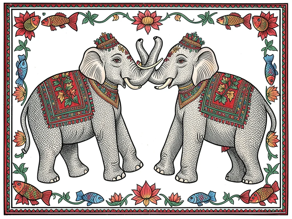 Pair of elephants facing each other, trunks intertwined, decorative blankets on 