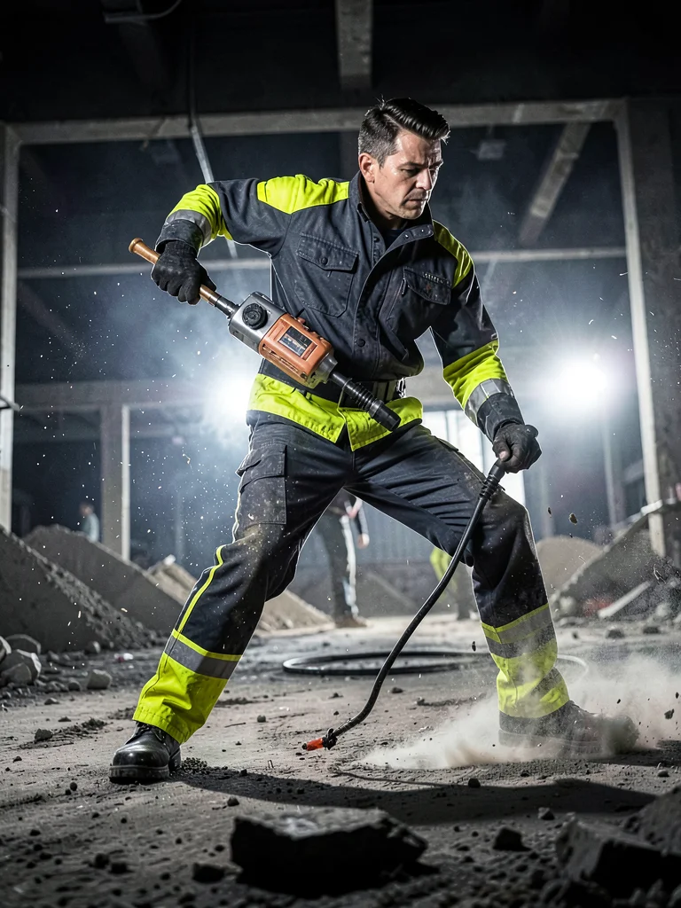 Jackhammer operator mid-action, frozen moment of power, dynamic fashion pose