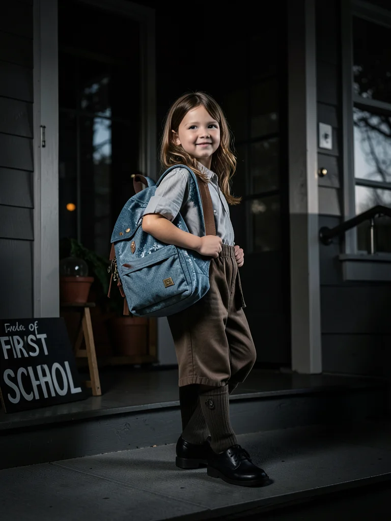 Child posing on front porch with new backpack, first day of school sign