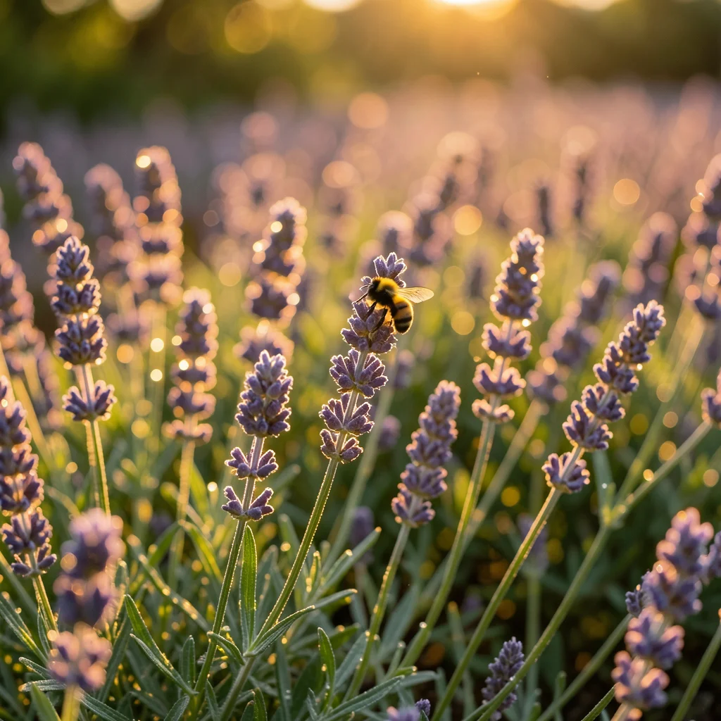 Lavender row in late afternoon, the purple spikes glowing in warm light, a bumbl
