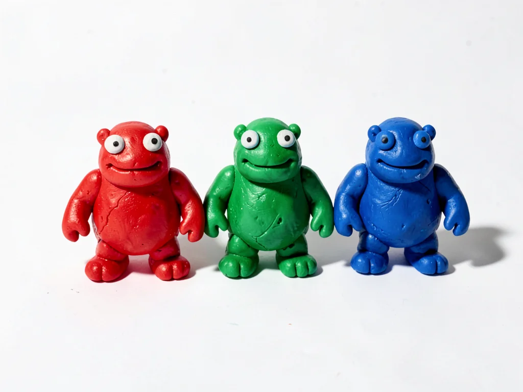 Family of three chunky clay slime monsters in red green and blue, arranged in a 
