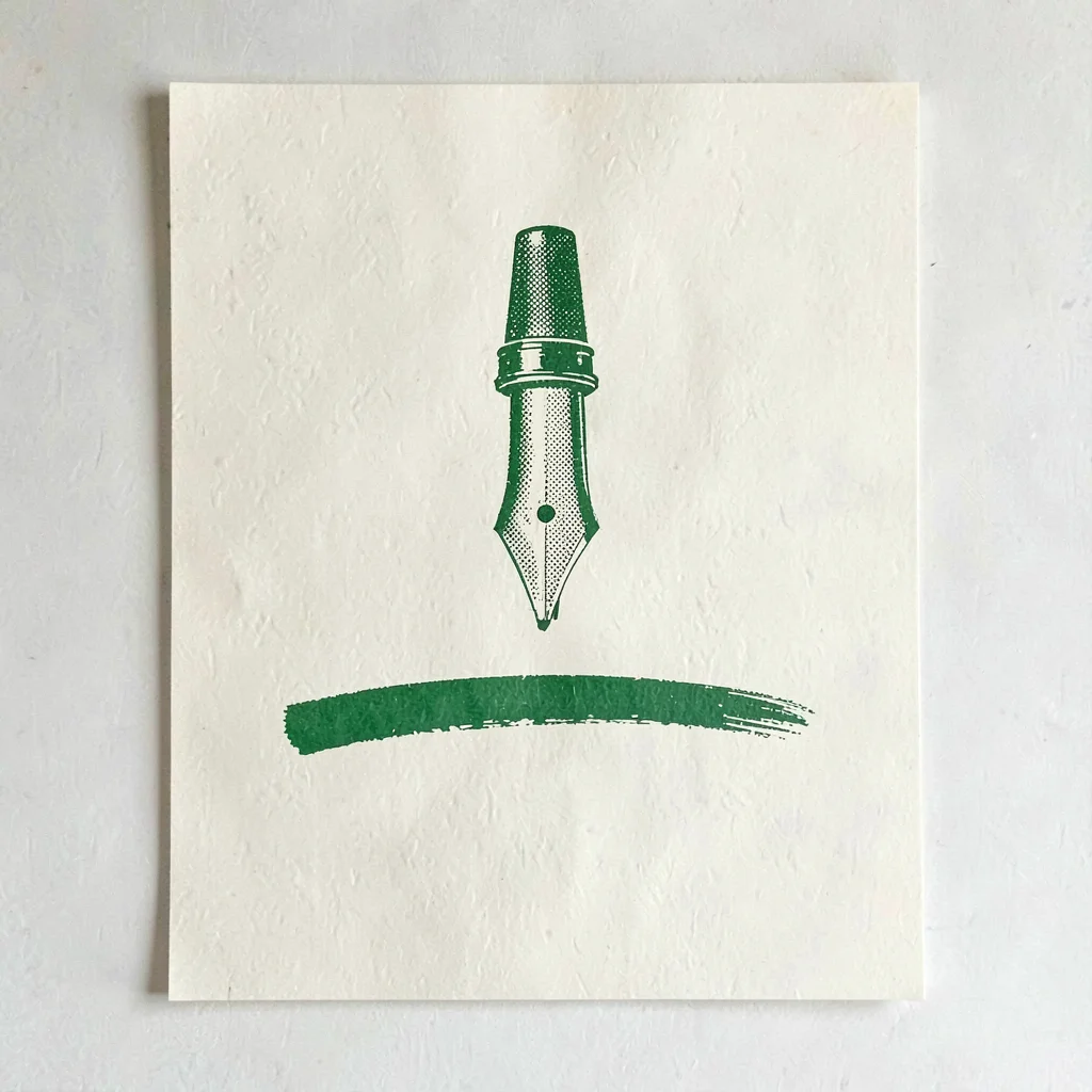 Riso flyer motif of a halftone fountain pen above a single confident horizontal 