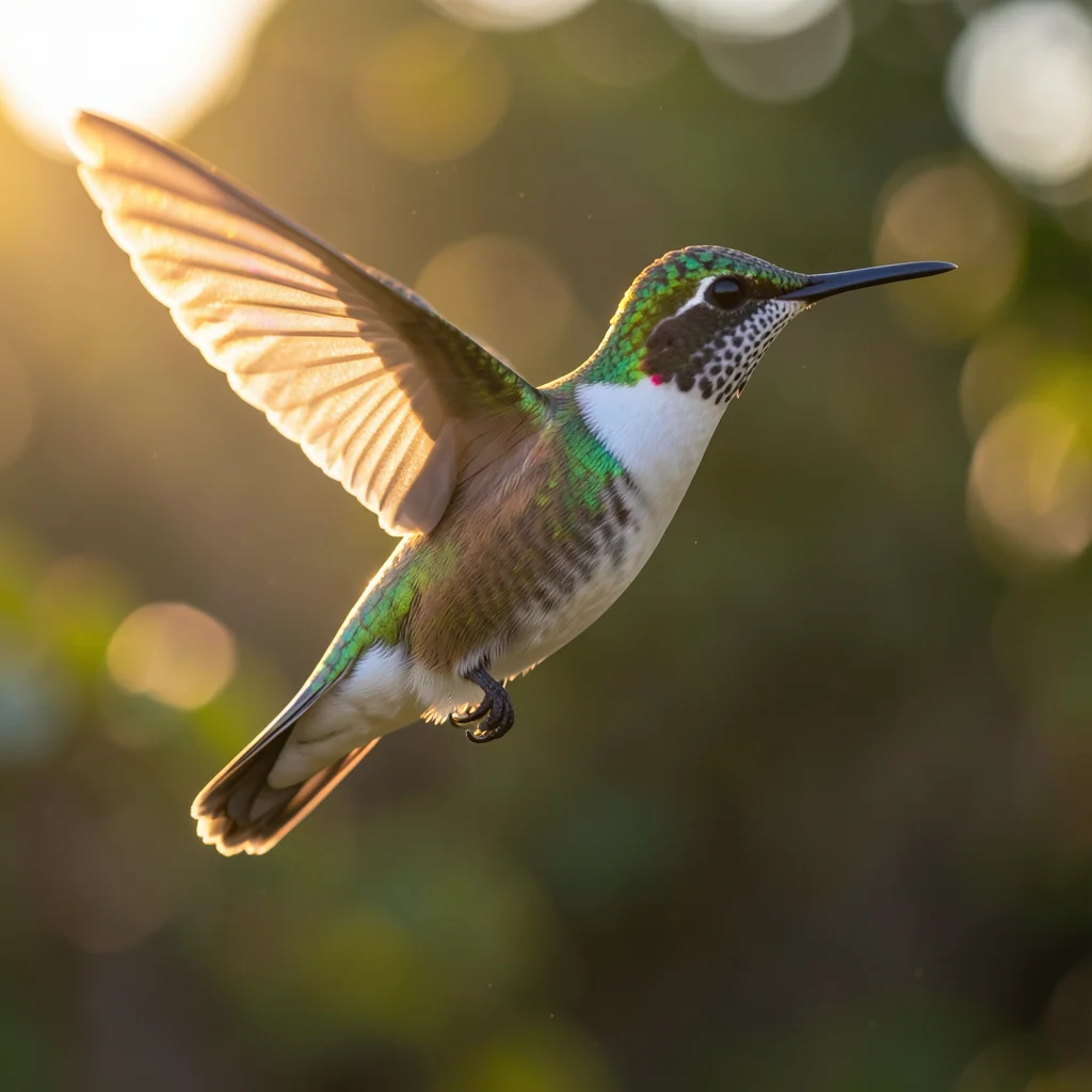 Hummingbird frozen mid-flight, iridescent feathers catching sunlight
