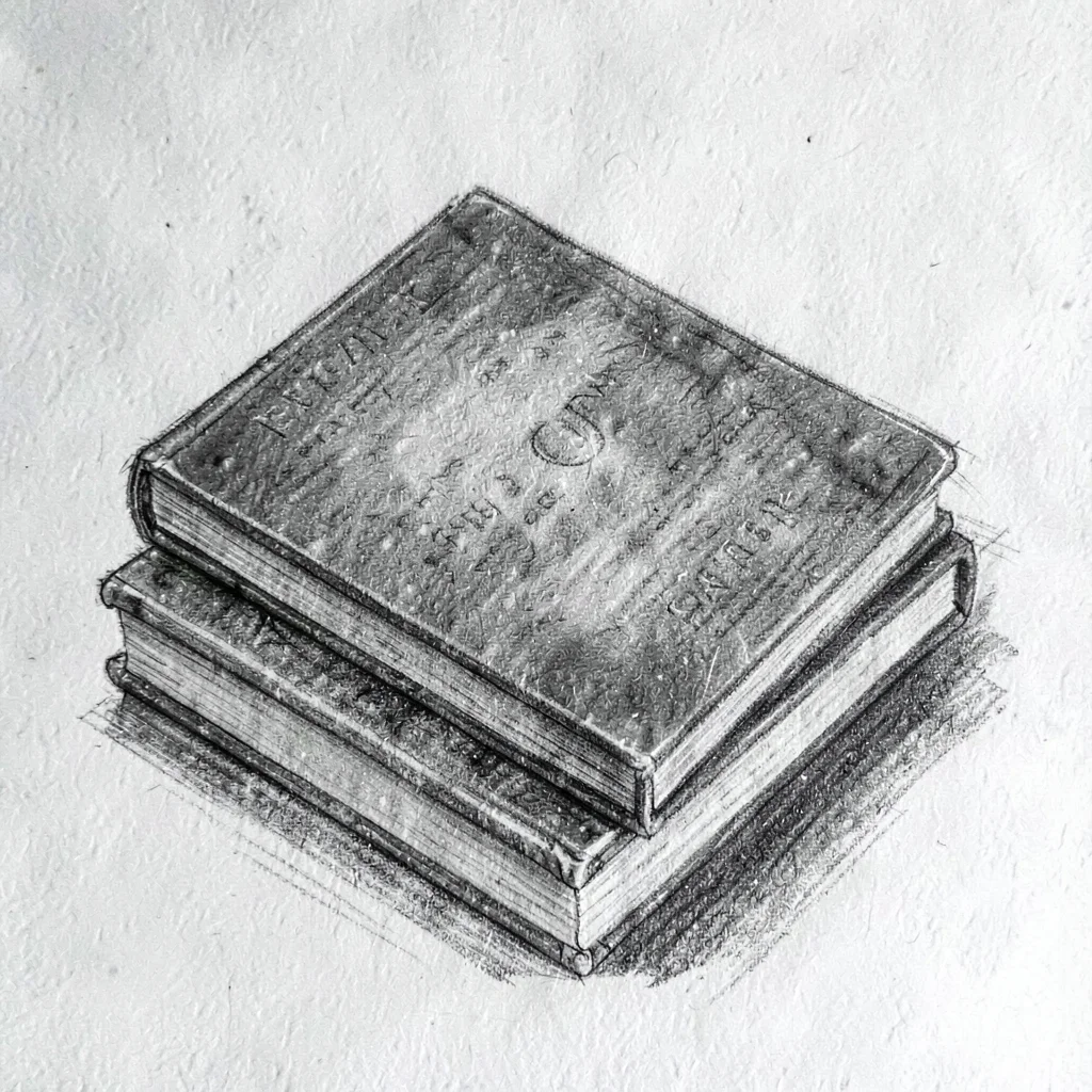 Charcoal sketch of a closed chapbook resting on a stack of paperbacks
