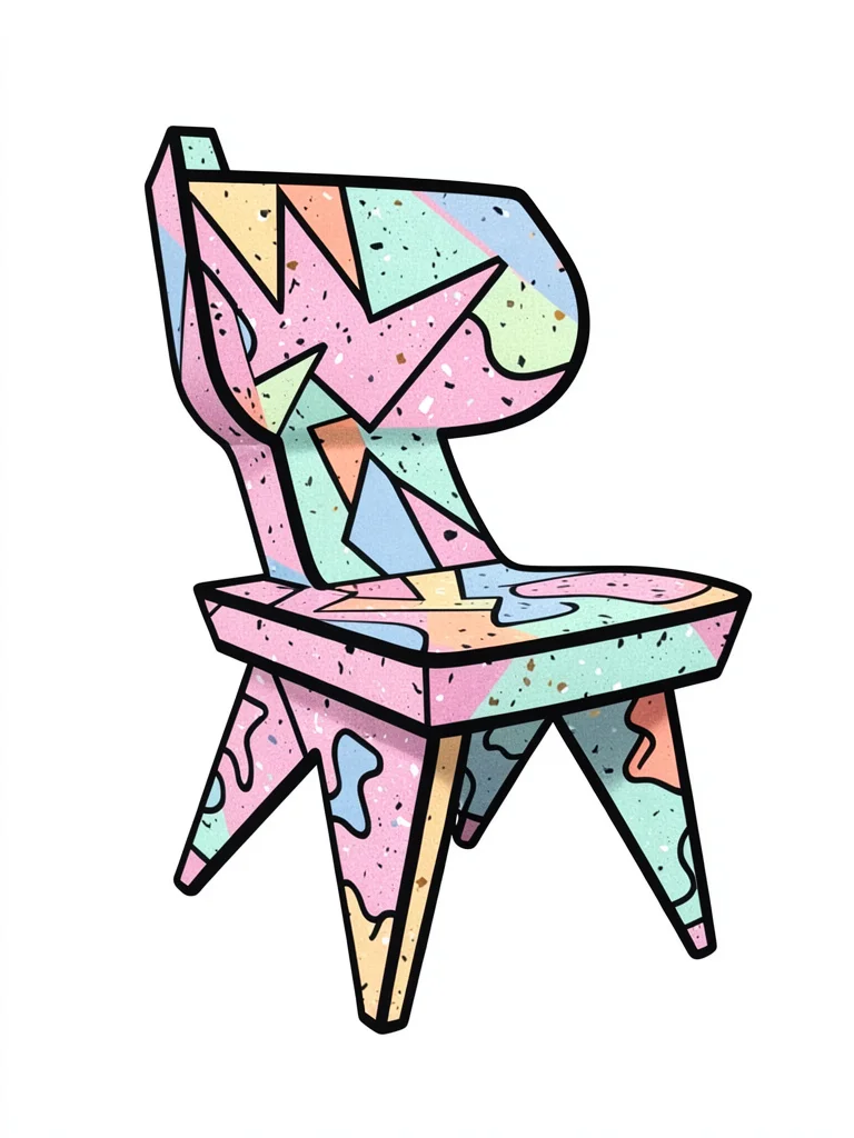 Chair in Sottsass style, asymmetric legs, terrazzo seat, bold black outline acce