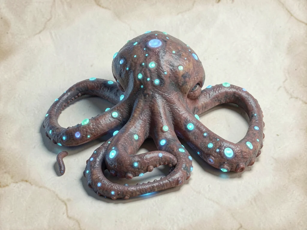 Resting deep-sea kraken with bioluminescent spots along the mantle and arms fold