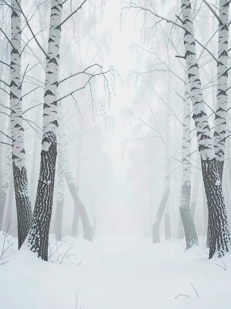 Snowy birch grove with charcoal trunks bent under a fresh fall, ground a single 