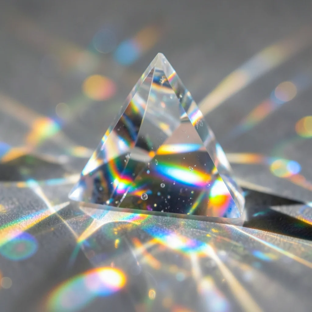 Crystal quartz point acting as natural prism, inclusions creating multiple inter