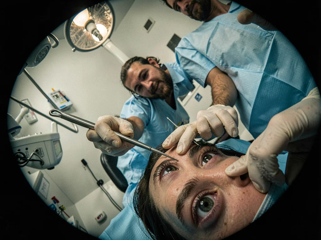 Dentist approaching with tools, patient's eye view, everything tilted wrong