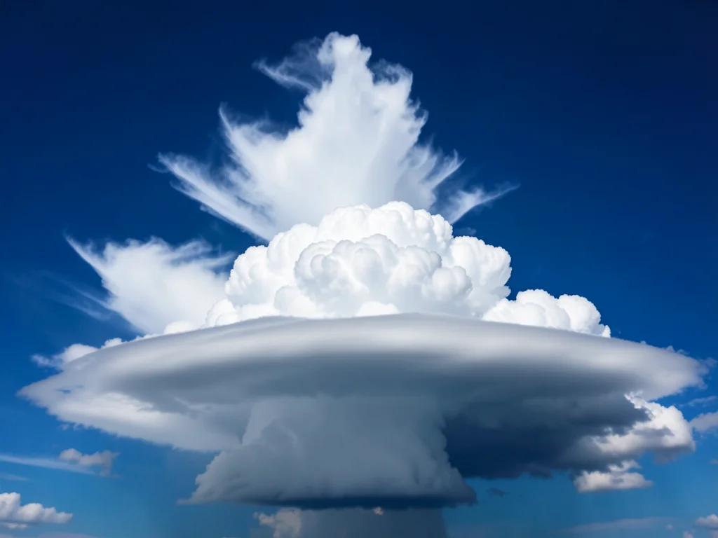 Cumulonimbus anvil cloud seen from below — dramatic flat base and towering verti
