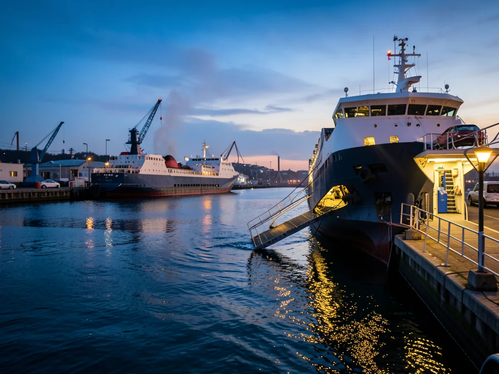 A car ferry's bow door opening as it approaches a dock, the ramp descending, veh