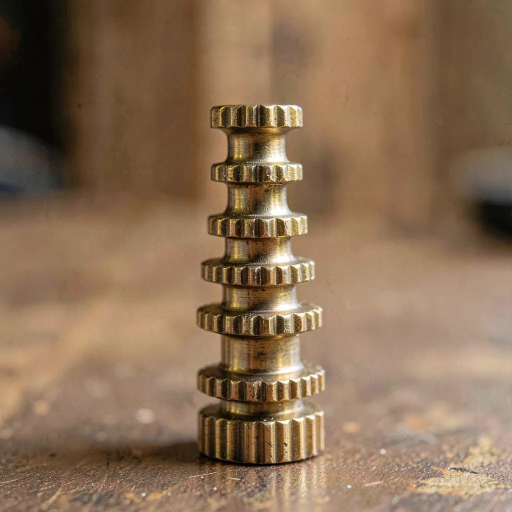 Vertical macro of a column of brass pinions arranged largest to smallest