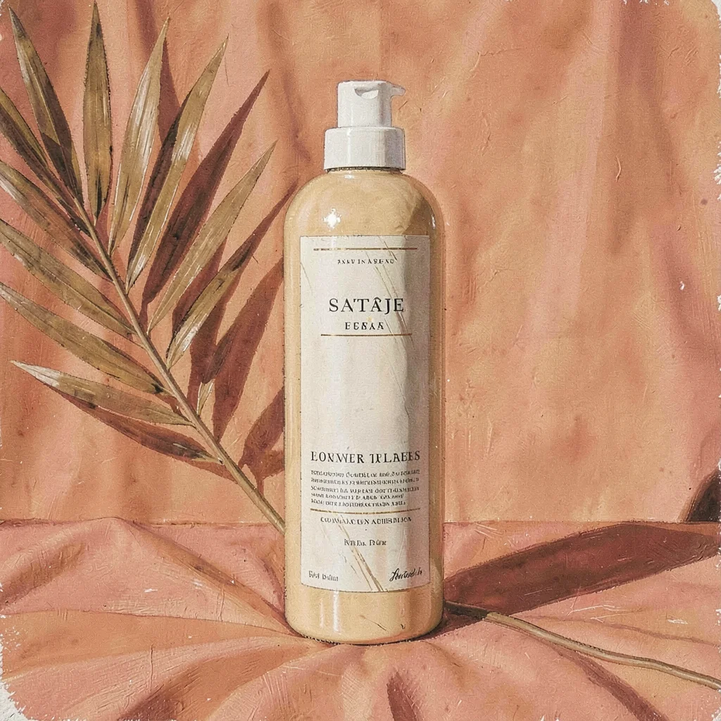 Warm product still of a tall conditioner bottle on a coral linen surface, single
