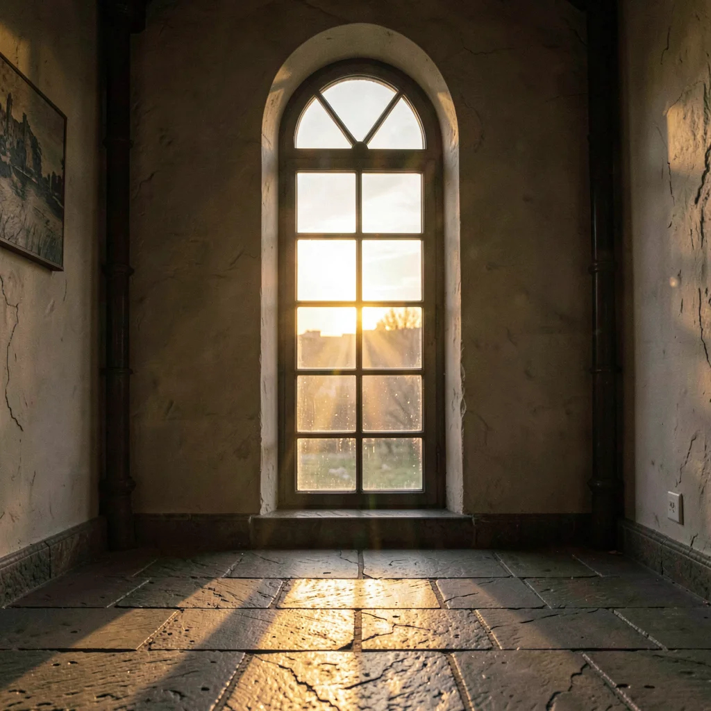 Vertical atmospheric story of a tall arched window with golden dusk light pourin