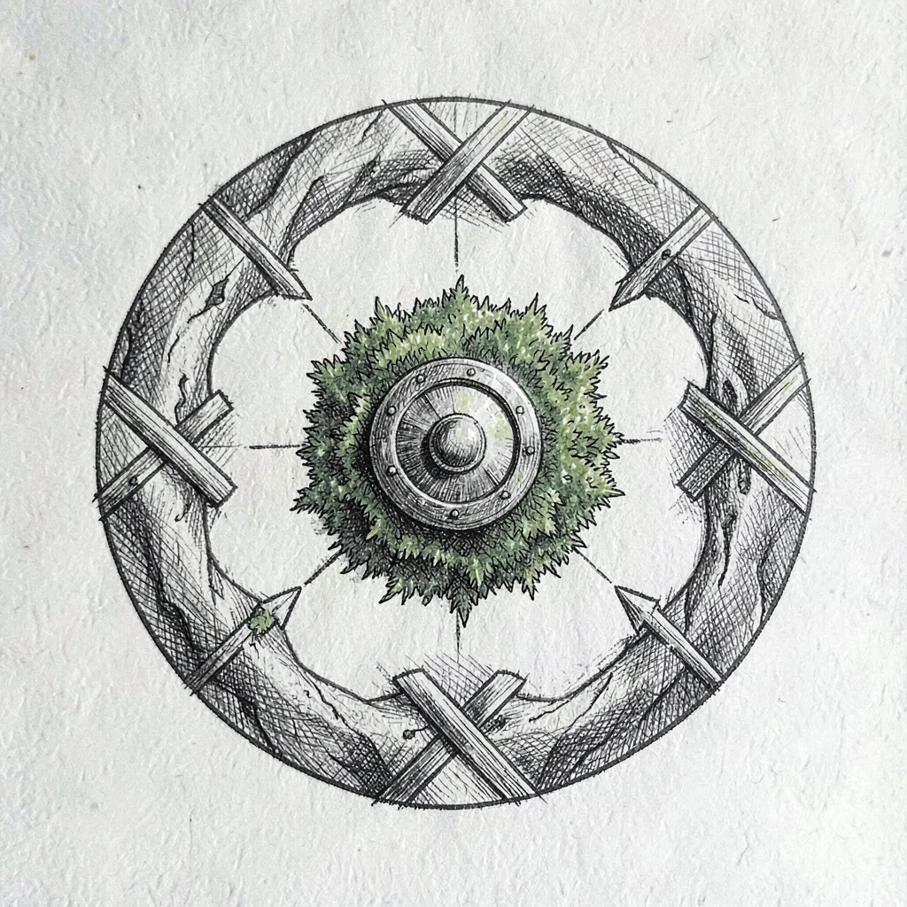Player aid card with cross-hatched action symbols arranged in a clockwise ring a