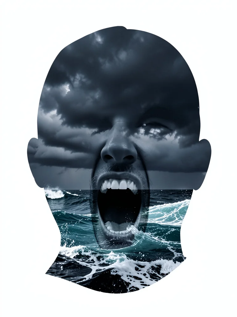 Screaming face silhouette filled with crashing waves and storm clouds, double ex