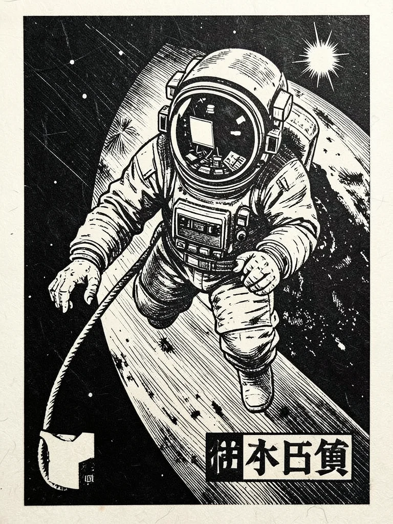 A cosmonaut in a spacesuit floating against the curve of the Earth, the helmet v