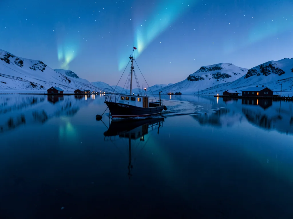 Polar night blue hour in Tromso, Norway, the wake of a boat in perfectly still A