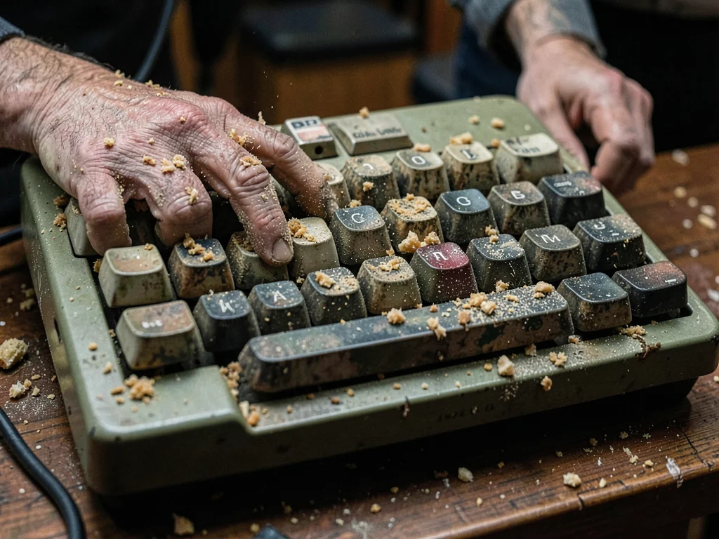 Crusty old keyboard with crumbs and dust rendered with care