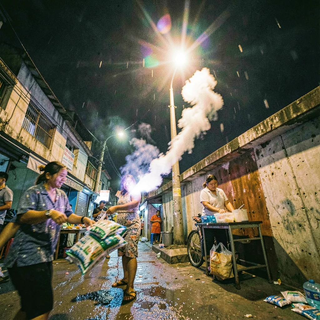 High-energy street photograph, Generator exhaust creating halo around single str