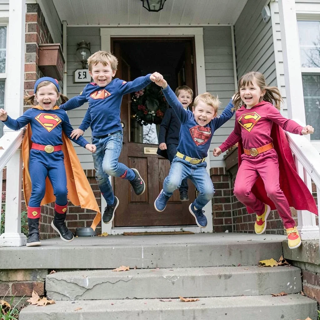 Children in superhero costumes, mid-leap from porch steps