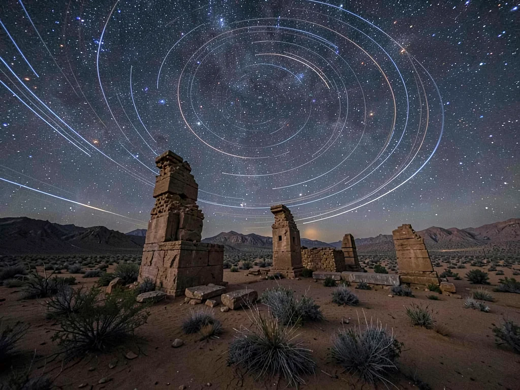 Trails over ancient ruins showing time passing