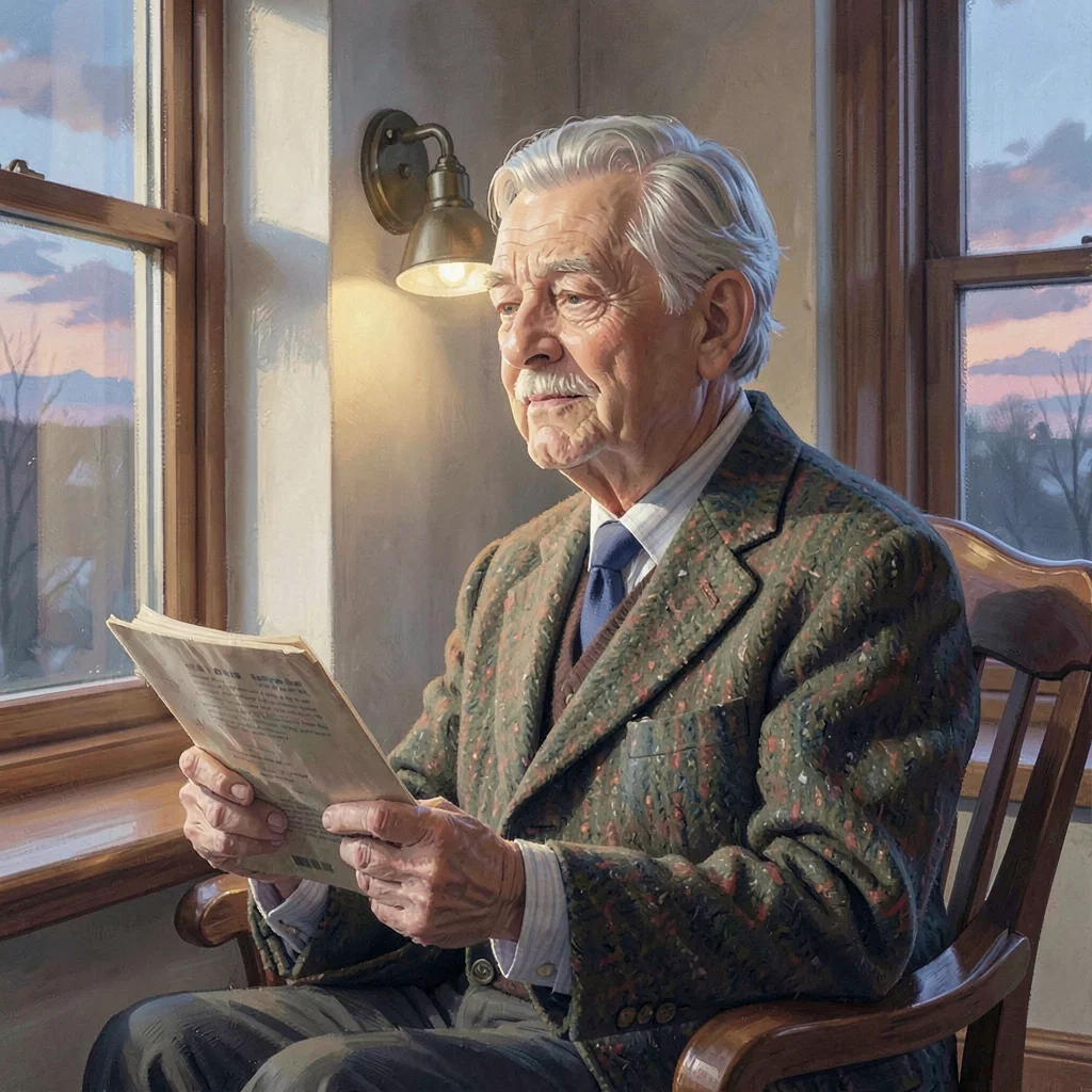 Portrait of an older trustee in a tweed jacket reading at a window seat, single 
