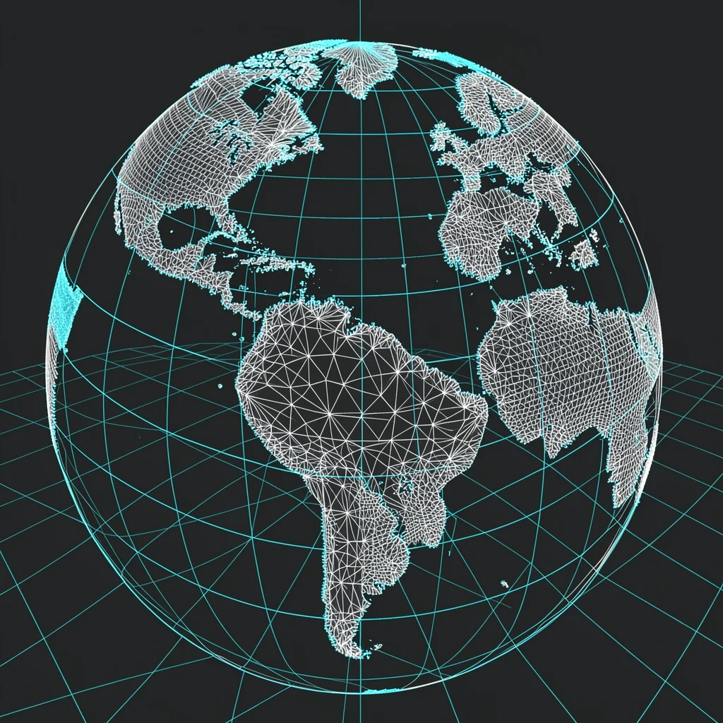A wireframe globe with latitude and longitude lines, continental outlines as den