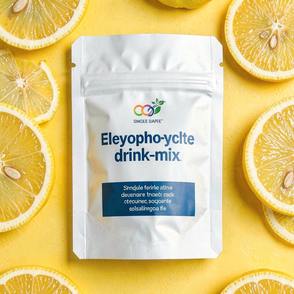 single foil-pouch of single-serve electrolyte-drink-mix top-down on a saturated 