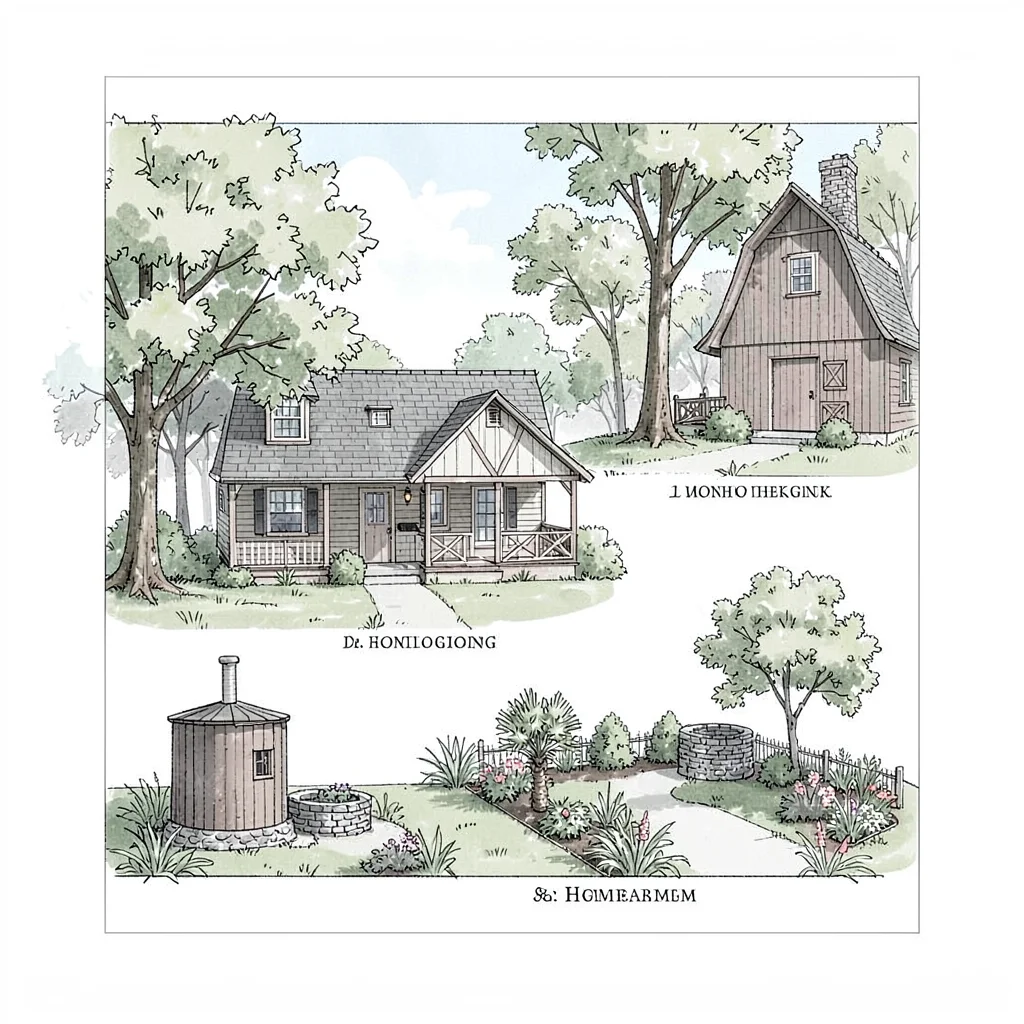 site plan of homestead with house, barn, smokehouse, well, garden