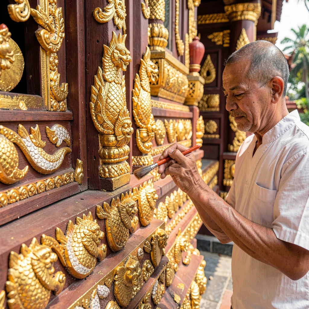 Lanna temple detail, Chiang Mai sacred ornament, craftsman gilding temple woodwo