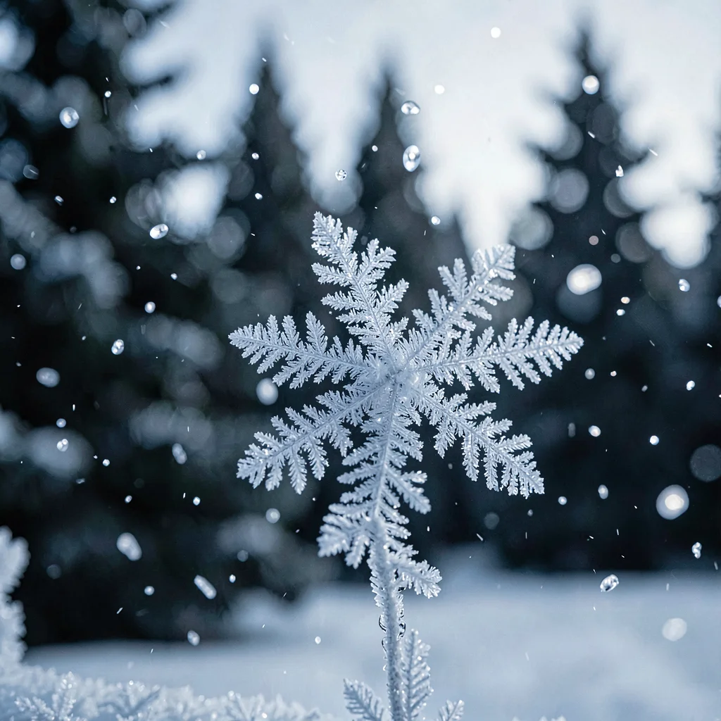 Vertical snow study of falling flakes against a dark fir treeline, soft bokeh ha