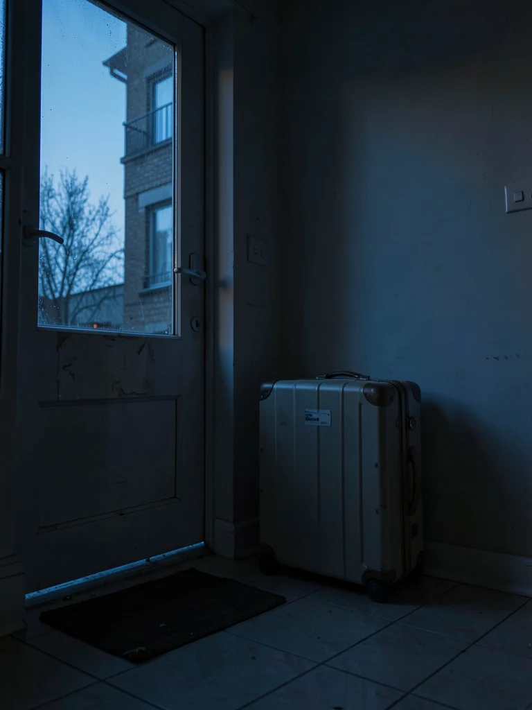 Suitcase standing by apartment door, blue hour light through window, weekend tri