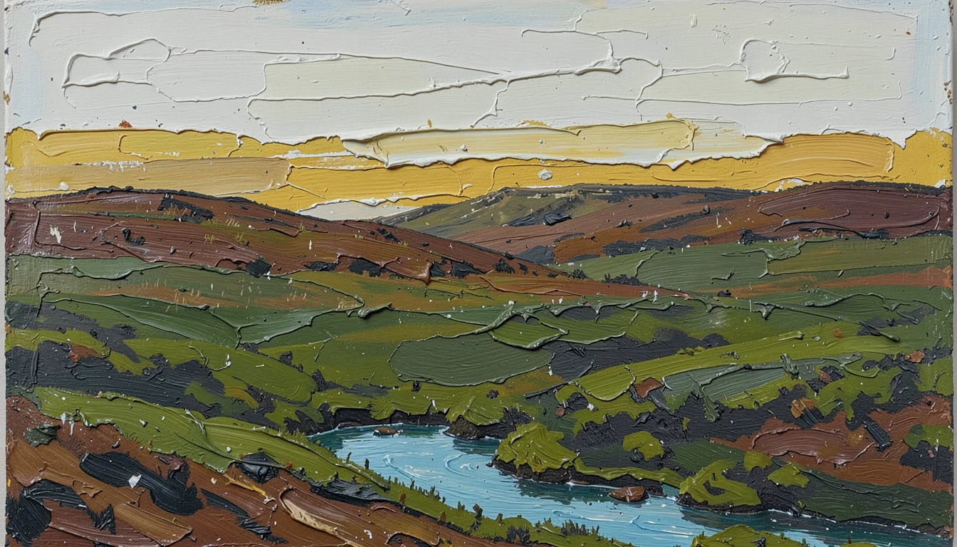 Thick impasto oil painting on board, palette knife marks visible, abstract lands