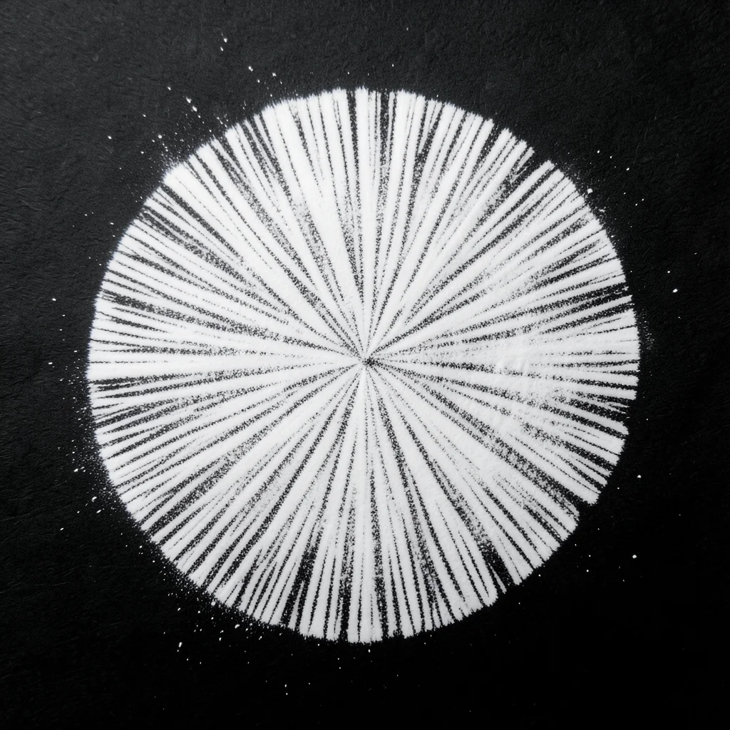 White spore print from Amanita on black paper, ghost-faint radial pattern visibl