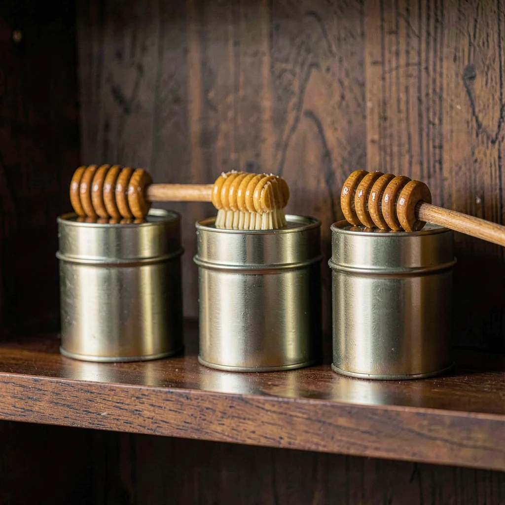 Three tins in graduated sizes on a deep walnut shelf, warm honey rake along the 