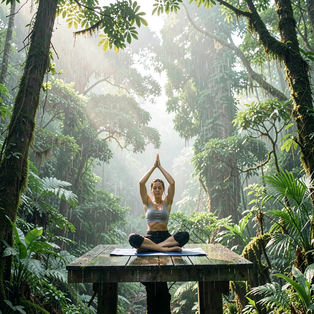 Monteverde cloud forest, filtered canopy light, Morning yoga on a platform, mist