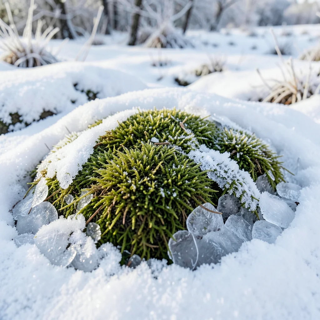 Winter moss in frost, green surviving under ice crystal blanket, resilient