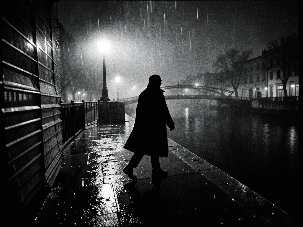 Silhouette in a long coat crossing O'Connell Bridge in heavy rain, streetlights 