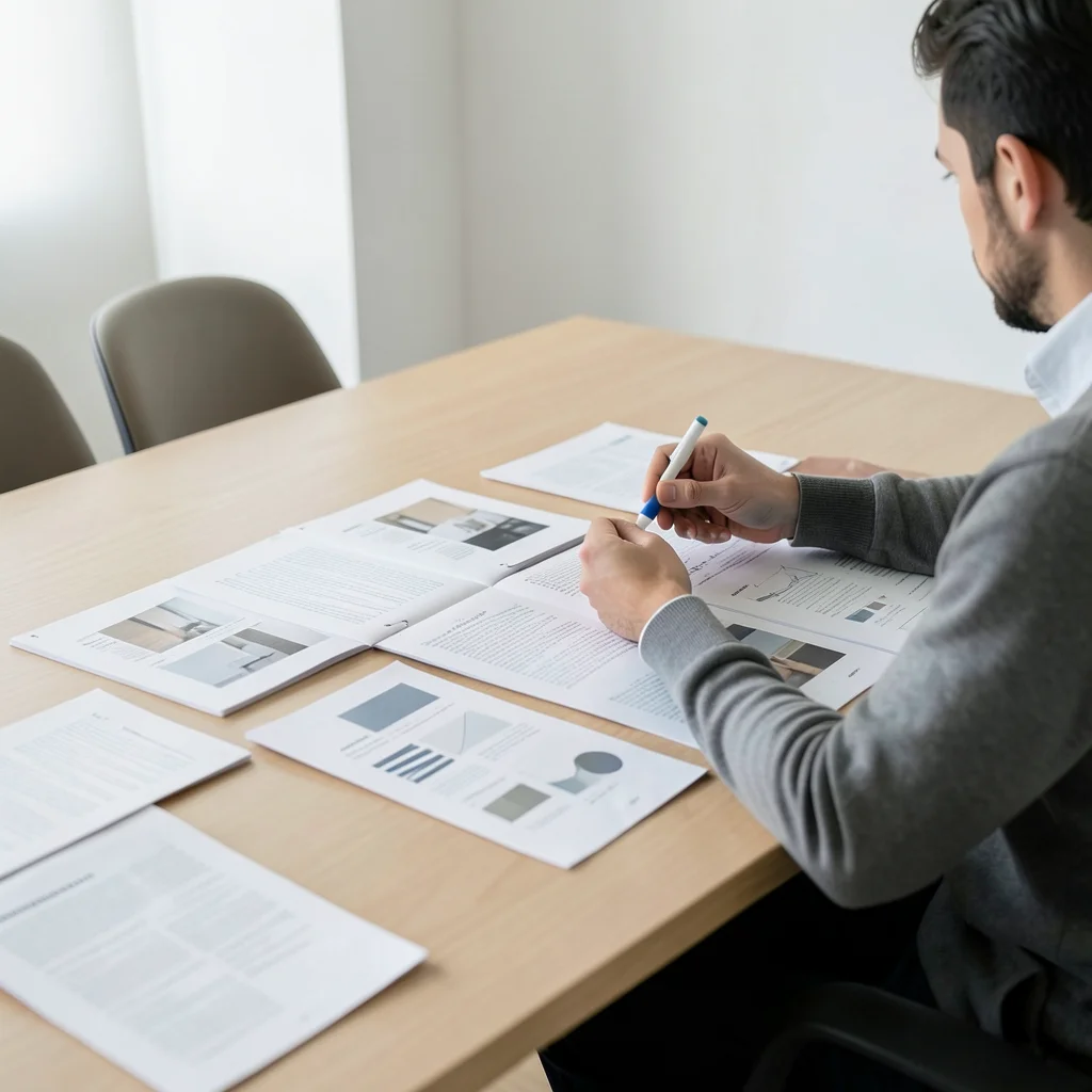 Person reviewing printed reports spread across a wooden conference table, highli