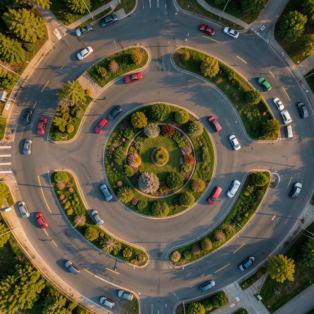 A roundabout from directly above, cars as colored dots circling, landscaped cent
