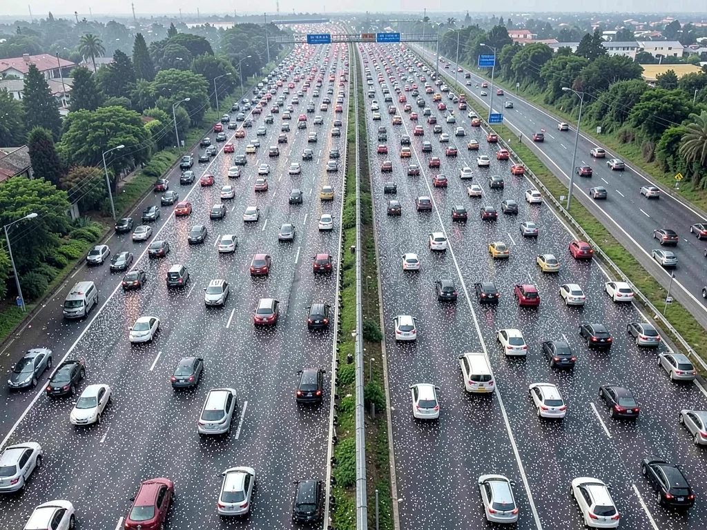 Highway overhead with vehicles dense as particles
