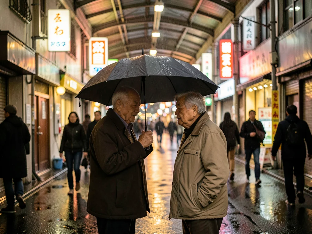 Two elderly men sharing an umbrella on a narrow covered arcade, pedestrians blur