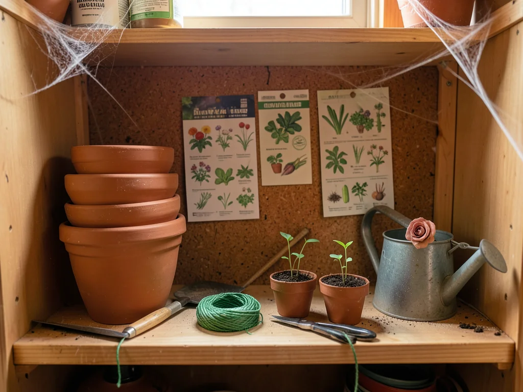 Inside a gardener's potting shed shelf, clay pots in four sizes stacked nested, 