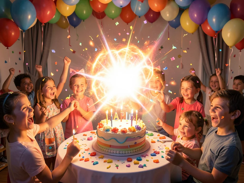 Children's birthday party with massive light leak turning cake into supernova, c