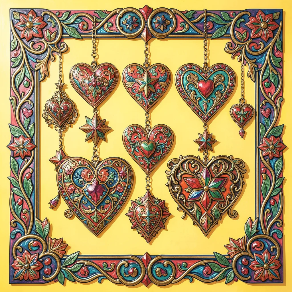 Mexican tin art ornaments hanging on a bright wall, hearts and stars, folk craft
