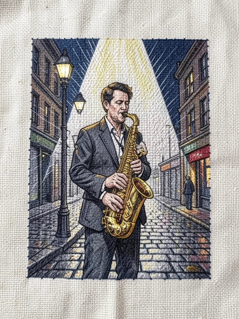 A musician playing saxophone on a street corner at night, spotlight in radial st