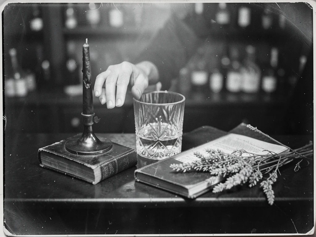Three fingers of Irish whiskey in a cut crystal tumbler on a bar counter beside 