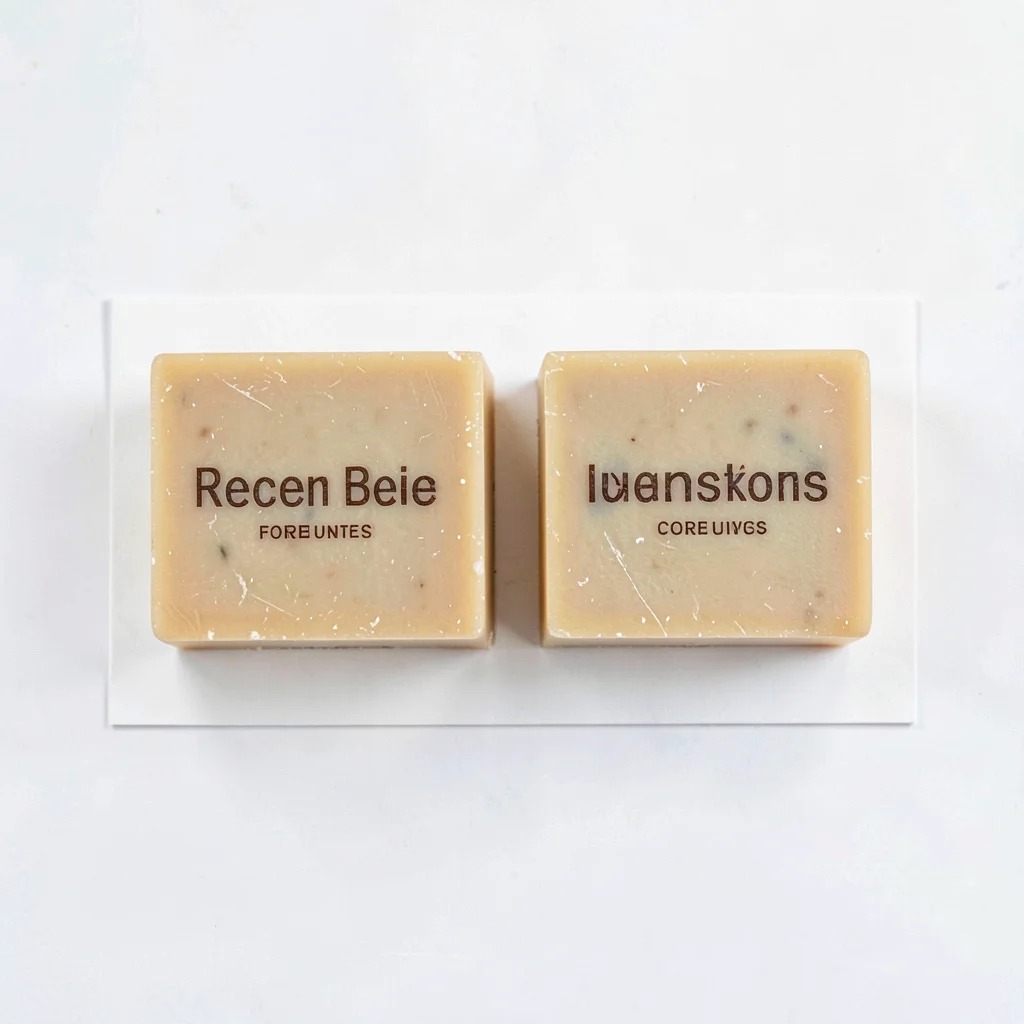 Clean overhead of four unbranded soap bars in a tight row on white paper