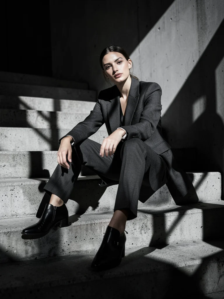 Model sitting on concrete steps in monochrome outfit, architectural shadows, edi